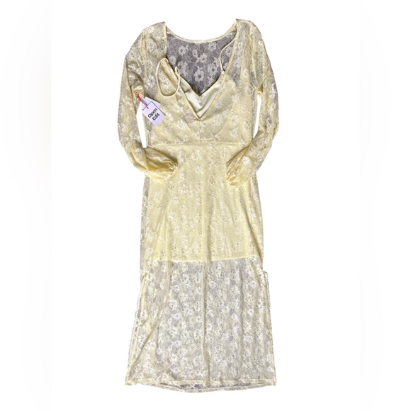 NWT Open Edit Womens Lined Floral Lace Yellow Maxi Long Sleeve size Medium. - Picture 6 of 10
